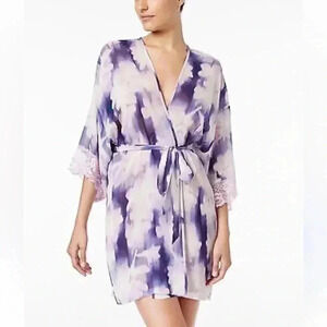 Linea Donatella Violet Purple Floral Lace Trim Sheer Robe Women’s Small Medium